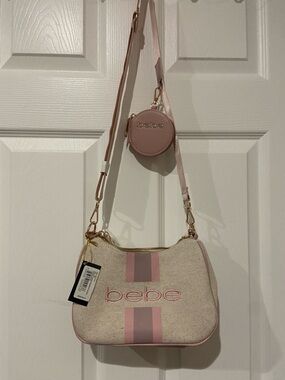bebe Pink Canvas Crossbody with Coin Pouch and Stripe Detail